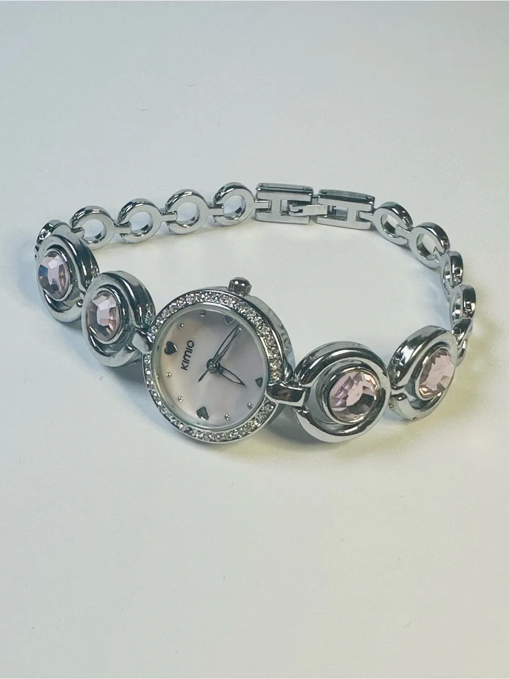 Silver Bracelet Watch with Pink Crystal Accents